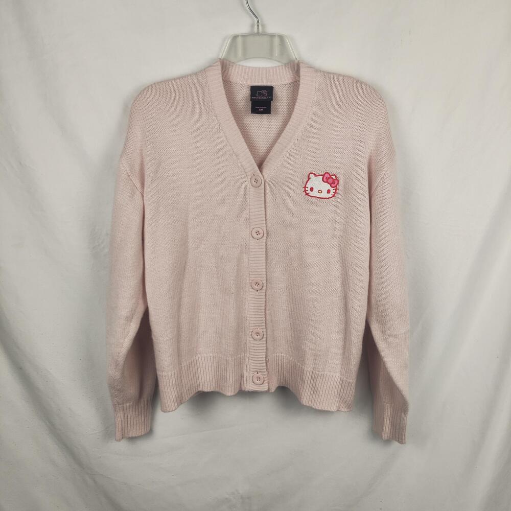 Hello Kitty Sweater Cardigan Womens Small Pink V Neck Button Front Graphic